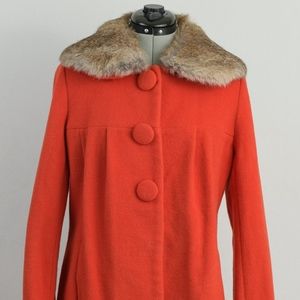 Hopeshow Orange Wool Pea Coat with Fur Collar